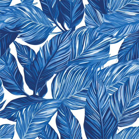 Tropical leaves seamless pattern. Hand drawn vector illustration in blue colorsのイラスト素材