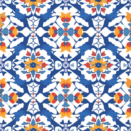 Talavera pattern. Portuguese tiles. Turkish ornament. Moroccan tile mosaic. Spanish porcelain. Ceramic tableware, folk print. Spanish pottery. Ethnic background. Mediterranean seamless wallpaper.のイラスト素材