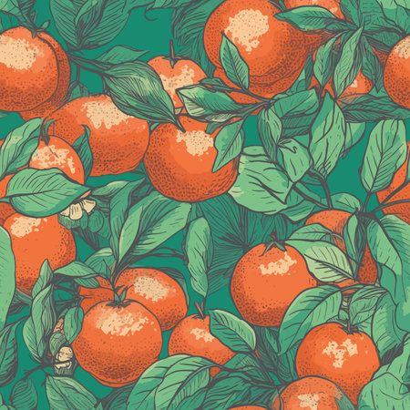 Seamless pattern with tangerines and leaves. Vector illustration.のイラスト素材