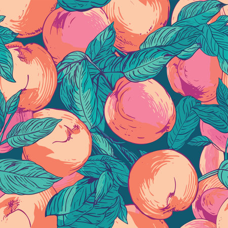 Seamless pattern with peaches and leaves. Vector illustration.のイラスト素材