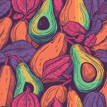 Seamless pattern with avocado and banana. Hand drawn vector illustration.のイラスト素材