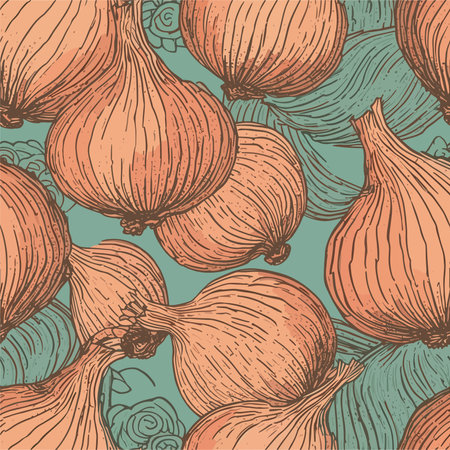 Seamless pattern with onions. Vector illustration in retro style.のイラスト素材