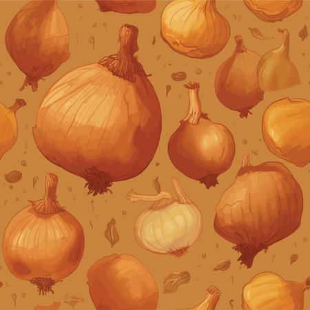 Seamless pattern with onion on brown background. Vector illustration.のイラスト素材
