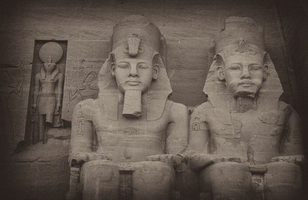 Two of the four seated statues of Ramesses II at Abu Simbel, Egypt, Middle East, North Africaの写真素材