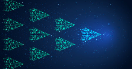 Polygon paper plane leadership concept with light blue paper plane leading among many light green plane on blue background. Innovative creative business concept futuristic vector illustration.のイラスト素材
