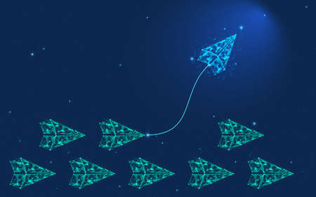 Leadership concept polygon paper plane with light blue paper plane changing direction among all the light green direction. Innovative business solution concept futuristic vector illustration.のイラスト素材