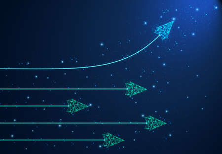 Leadership concept polygon paper plane with light blue paper plane changing direction among all the...