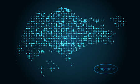 Abstract pixel art halftone in dark background with map of singapore. Digital pixel art technology line, design sphere, dot and structure. Vector illustrationのイラスト素材