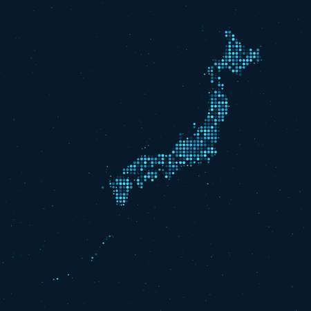 Abstract Dotted Halftone with starry effect in dark Blue background with map of Japan. Digital dotted technology design sphere and structure. vector illustrationのイラスト素材