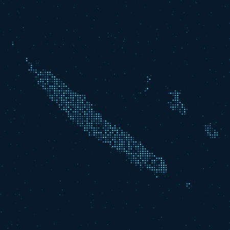 Abstract Dotted Halftone with starry effect in dark Blue background with map of New Caledonia. Digital dotted technology design sphere and structure. vector illustrationのイラスト素材