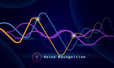 Voice recognition colorful audio frequency technology concept vector illustration. Sound wave technology vector with microphone sign.のイラスト素材