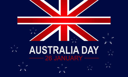 Happy Australia Day calligraphy lettering on map. 26th January Australia day banner with flag vector illustration.のイラスト素材