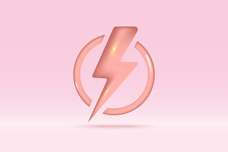 3d thunder bolt flash lightning symbol Isolated on pink background. Realistic volt, danger, lightning sign 3d vector rendering illustration.のイラスト素材