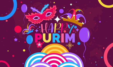 Jewish traditional holiday Carnival concept of Happy Purim. Celebration with hamantaschen, carnival mask, confetti, parti on color background. Purim concept of March 26thのイラスト素材