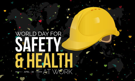 world day for safety and health at work. Construction helmet for safe and healthy working days with colorful halftone confetti effect in black background. Observed on April 28のイラスト素材