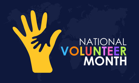 National Volunteer month. volunteers communities awareness concept banner design with focused in colorful letter and supporting hand in blue background. observed on Aprilのイラスト素材