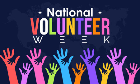 National Volunteer week. volunteers communities awareness concept banner design with focused in colorful letter and supporting hand in blue background. observed on Aprilのイラスト素材