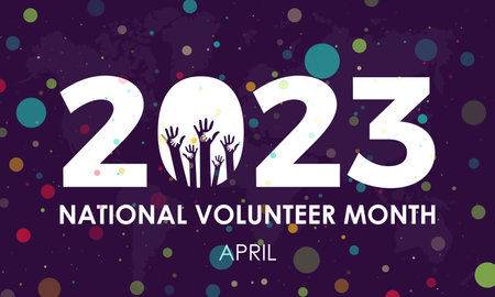 2023 concept National Volunteer month. volunteers communities awareness banner or template with raising hand in blue background with colorful dot halftone design. observed on Aprilのイラスト素材
