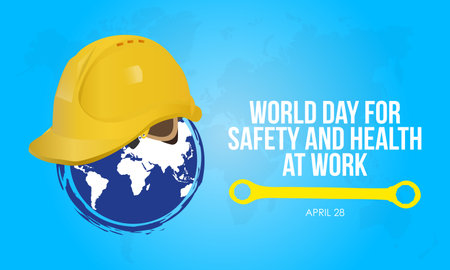 world day for safety and health at work. Planet Earth, wrench and helmet for safe and healthy working days with blue background. Observed on April 28のイラスト素材