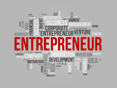 Word cloud background concept for Entrepreneur. Business management, finance success and creative development, startup vision of leadership idea. vector illustration.のイラスト素材