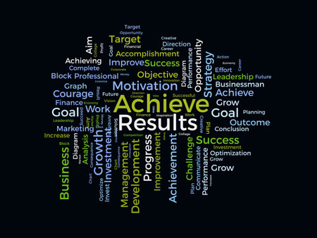 Word cloud background concept for Achieve Results. Marketing growth, financial achievement result of business development. vector illustration.のイラスト素材