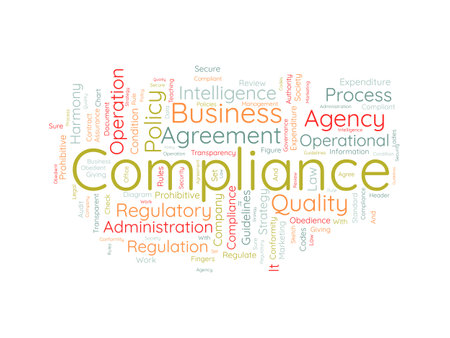 Word cloud background concept for Compliance. Business agency policy guidelines for quality process regulatory. vector illustration.のイラスト素材