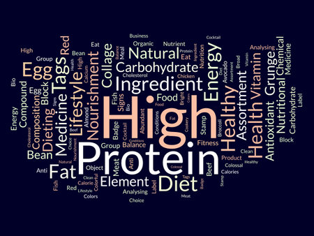 Word cloud background concept for High protein. Change your lifestyle with healthy nutrition organic food eating. vector illustration.のイラスト素材