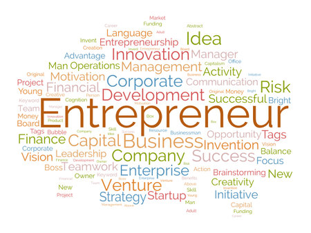 Word cloud background concept for Entrepreneur. Business management, finance success and creative development, startup vision of leadership idea. vector illustration.のイラスト素材