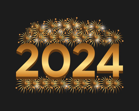 Happy New Year 2024 Celebration Festive Concept with Fireworks, Party Hats, and Christmas ball....