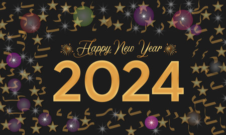 Happy New Year 2024 Celebration Festive Concept with Fireworks, Party Hats, and Christmas ball....