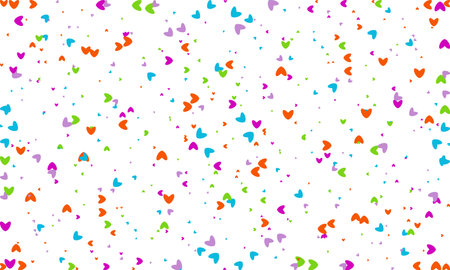 Heart Symbol on white background with spread confetti styel, Random colored heart shaped Spread confetti design. celebration template.のイラスト素材
