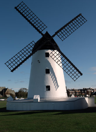 Close up shot of the Windmill in Lytham, Lancashire on a bright and cold winter morningの写真素材