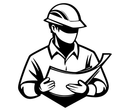 Worker with clipboard, Construction engineer, Engineer icon, Outline engineer vectorのイラスト素材