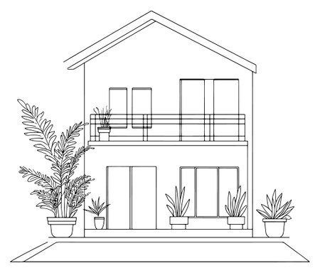 Hand drawn illustration of house, Building illustration vector, Outline American houseのイラスト素材