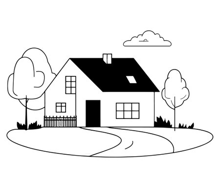 Hand drawn illustration of house, Building illustration vector, Outline American houseのイラスト素材