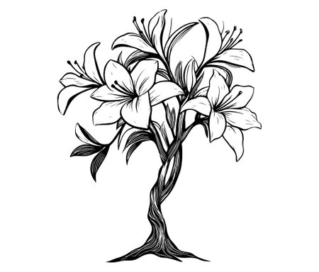 Tree with flowers. Lily flower tree outline vectorのイラスト素材