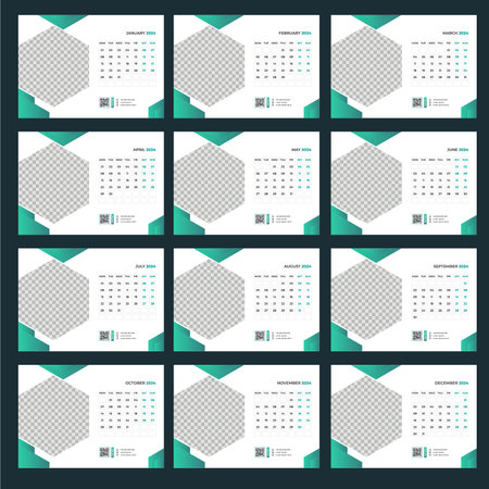 Set of 12 editable template for calendar. Week starts on Monday. Vector illustrationのイラスト素材