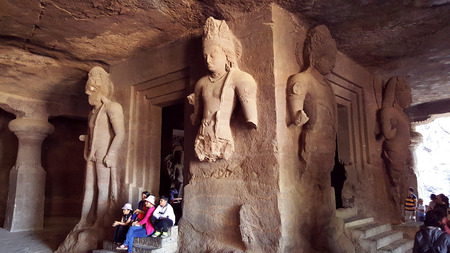 Tourist hot-spot Elephanta caves, one of the oldest rock cut structures of India, perfect expressions of archaic Indian art associated to the cult of Lord Shiva.のeditorial素材