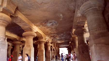 Tourist hot-spot Elephanta caves, one of the oldest rock cut structures of India, perfect expressions of archaic Indian art associated to the cult of Lord Shiva.のeditorial素材