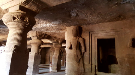 Tourist hot-spot Elephanta caves, one of the oldest rock cut structures of India, perfect expressions of archaic Indian art associated to the cult of Lord Shiva.のeditorial素材