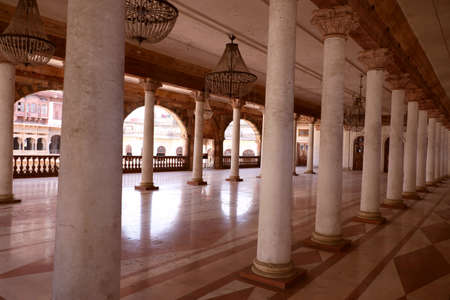 Darbar Hall of Historic Royal Palace Rajwada of Indore. This is the part of restored building having contemporary look of Holkar Darbar. It was originally built by Holkar Rulers of Indore.のeditorial素材