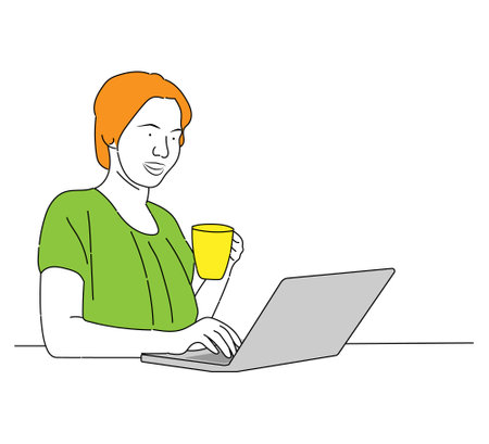 Vector a businesswoman is sitting at a laptop the girl is surfing the internet line artのイラスト素材