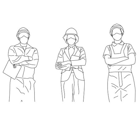 Line art of teamwork concept with architects isolated on a white background.のイラスト素材