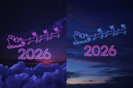 âSoft neon 2026 text glowing over dreamy purple clouds in a fantasy-style scene.âの素材