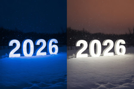 âSplit-screen style glowing 2026 numbers on dark and blue illuminated backgrounds.âの素材