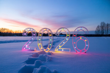 â2026 numbers glowing above a frozen lake at sunset with soft reflections on ice.âの素材