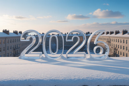âSnow-covered landscape with glowing 2026 text displayed above the frozen ground.âの素材