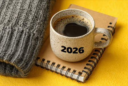 Coffee cup with 2026 on a cozy deskの素材