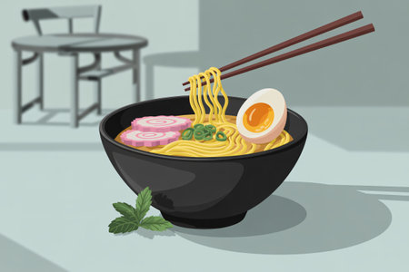 Bowl of delicious ramen with egg and chopsticks artの素材