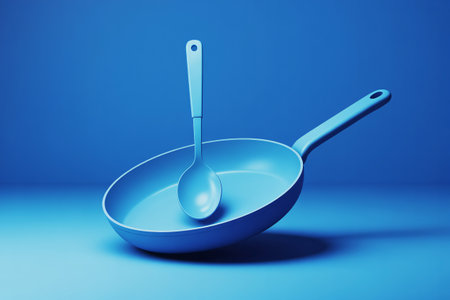 Blue frying pan and spoon on a blue background setの素材